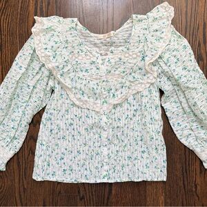 LoveShack Fancy Ruffled Floral Button-Up Blouse - Blue & Green